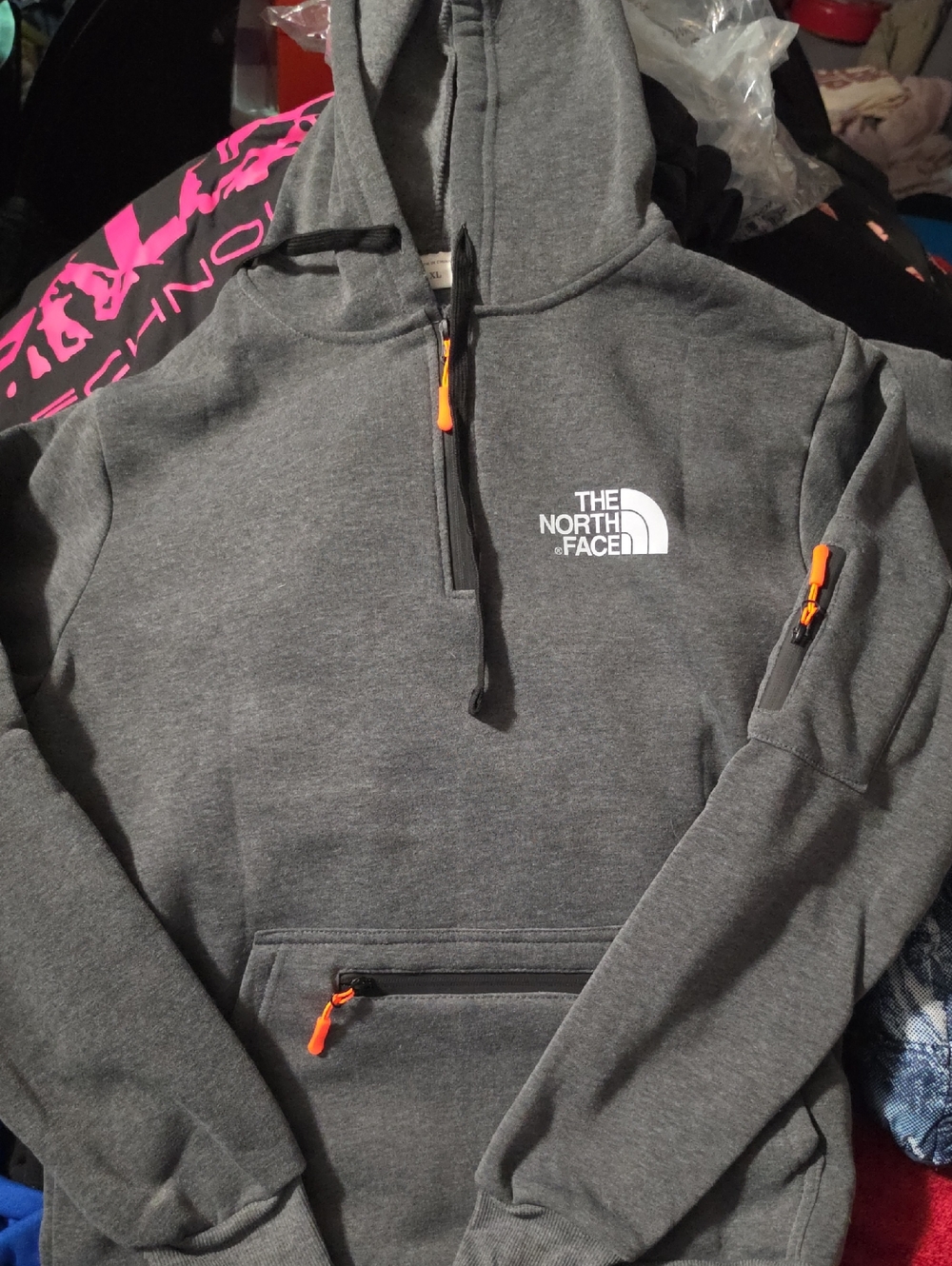 The North Face Charcoal Gray Half-Zip Hoodie with Orange Accents